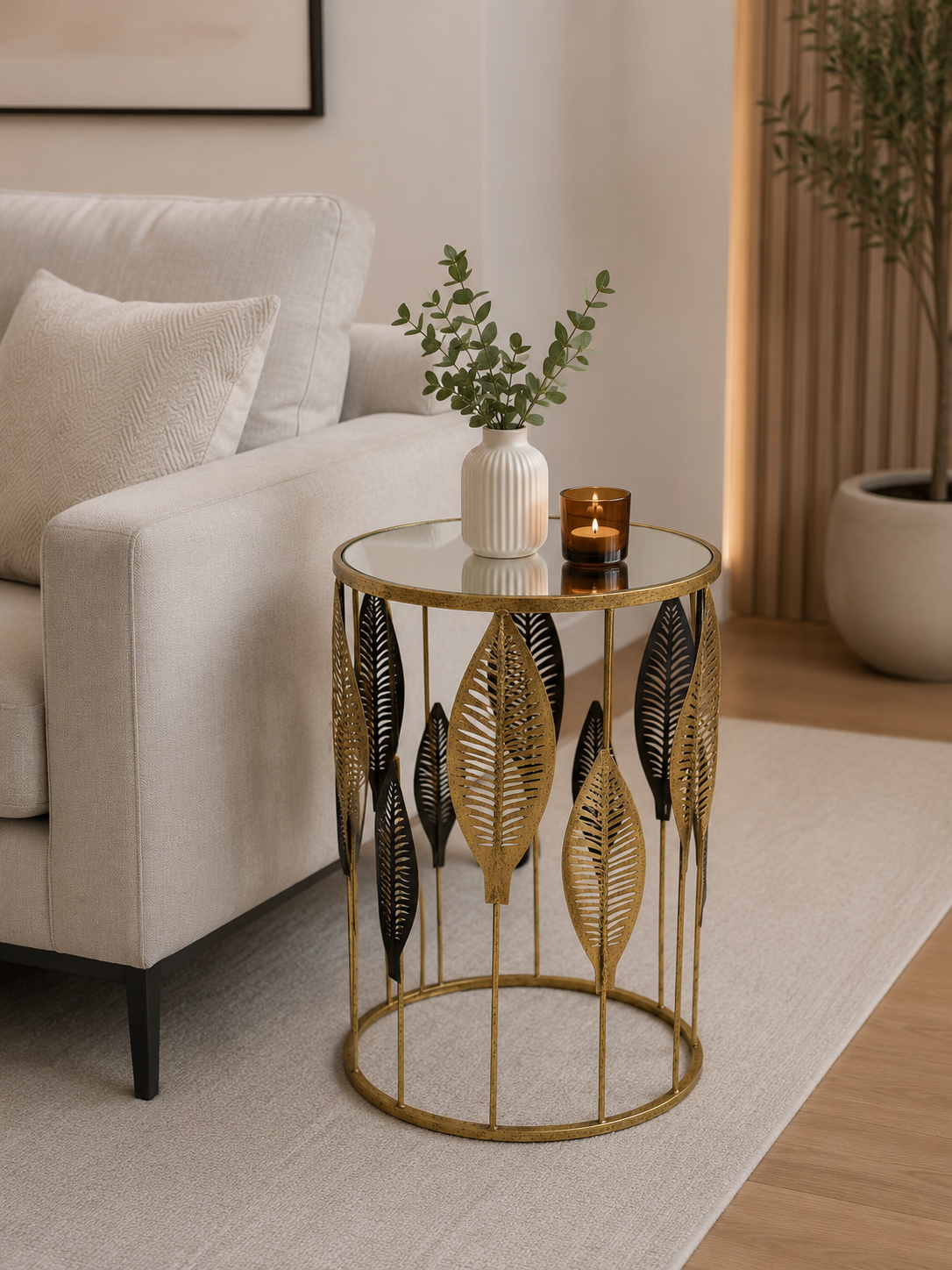 Măsuță decorativă 72002 din metal auriu cu blat oglindă, design frunze, două dimensiuni