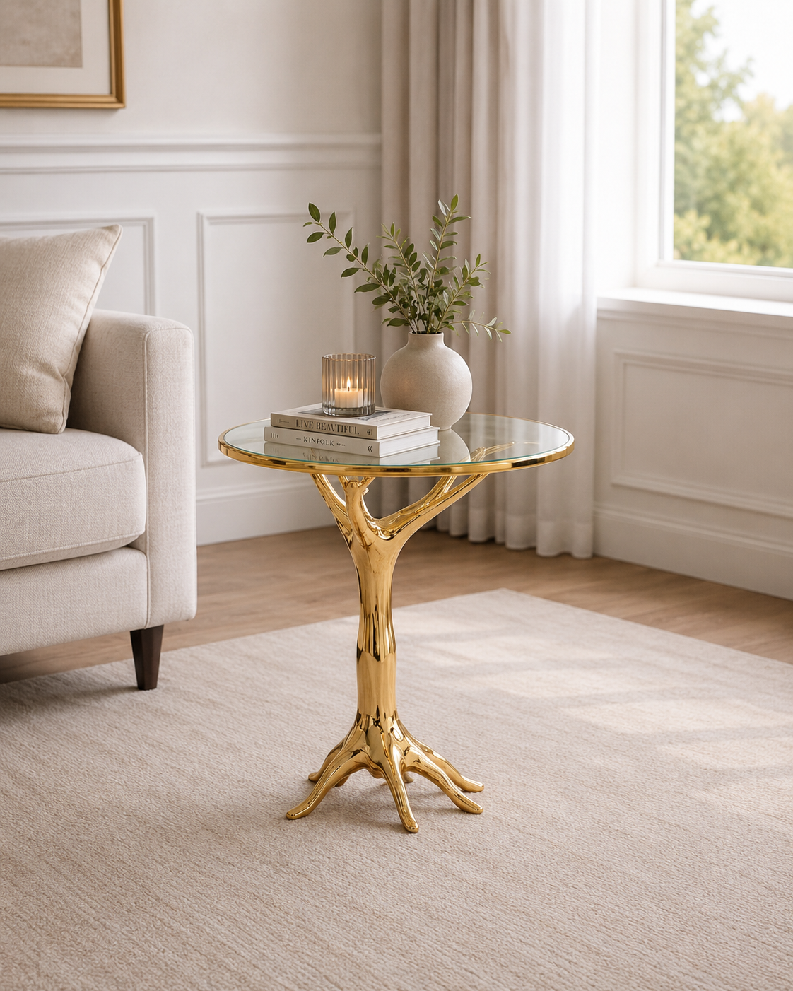 Măsuță Decorativă Mâna Aurie cu Blat Sticlă – 50 cm