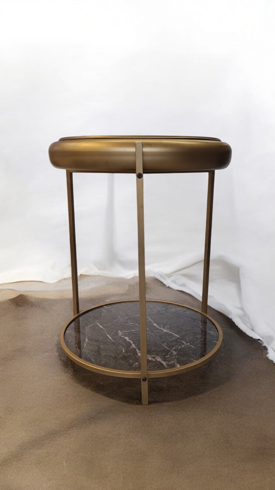 Măsuță de cafea E72, sticlă cu ceas integrat, metal auriu, Ø52xH70 cm
