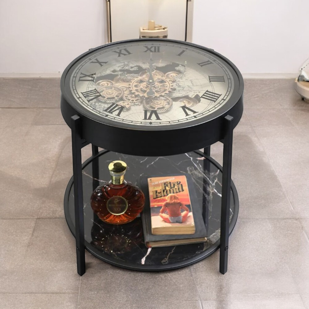 Măsuță de cafea E90, sticlă cu ceas integrat, metal negru, Ø50xH58 cm