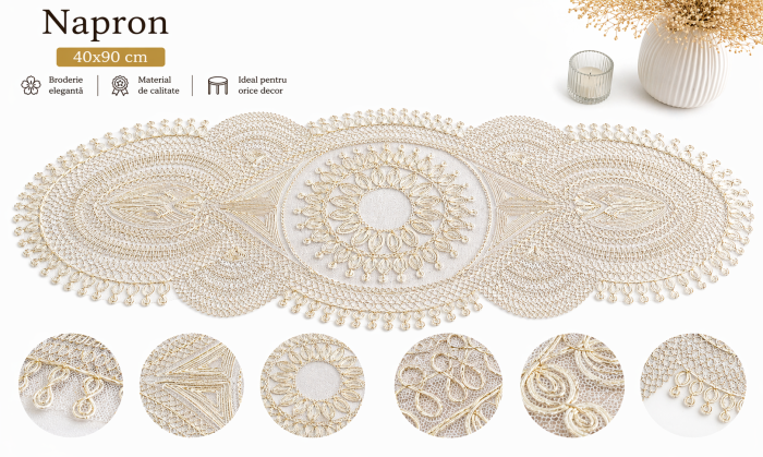 Napron masă 2207 broderie textil cu șnur metalizat auriu/argintiu, formă ovală ,40x90 cm
