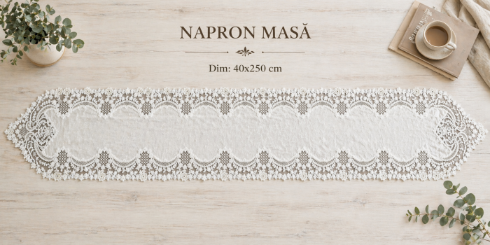 Napron masă JK 23-8 catifea albă brodată cu dantelă florală, design elegant, 40x250 cm