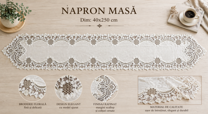 Napron masă JK 23-8 catifea albă brodată cu dantelă florală, design elegant, 40x250 cm