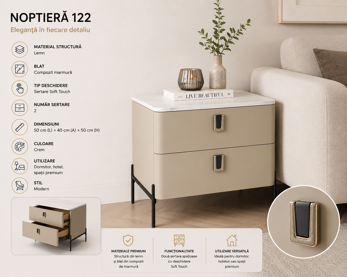 Noptieră 122 cu 2 sertare, Soft Touch, blat compozit marmură, crem – 50×40×50 cm