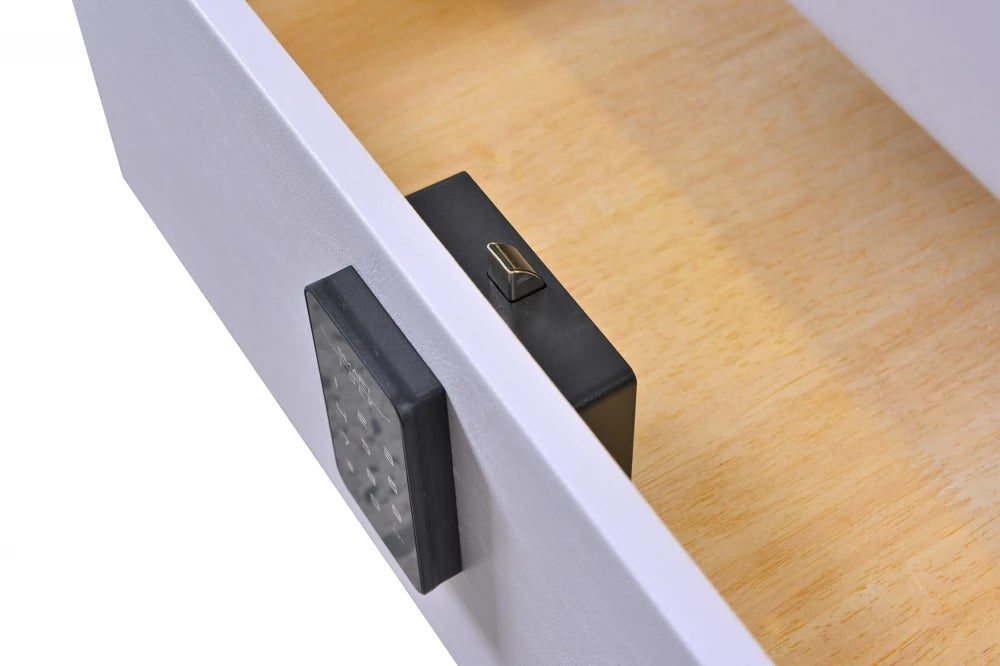 Noptieră inteligentă multifuncțională 303 ,MDF și piele ecologică albă cu sertar tip seif, încărcare wireless și LED touch – 46×41×51 cm