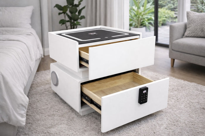 Noptieră inteligentă multifuncțională 303 ,MDF și piele ecologică albă cu sertar tip seif, încărcare wireless și LED touch – 46×41×51 cm