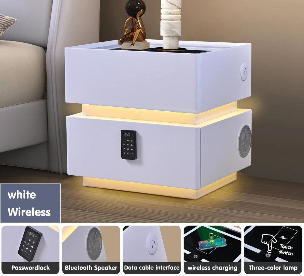 Noptieră inteligentă multifuncțională 303 ,MDF și piele ecologică albă cu sertar tip seif, încărcare wireless și LED touch – 46×41×51 cm