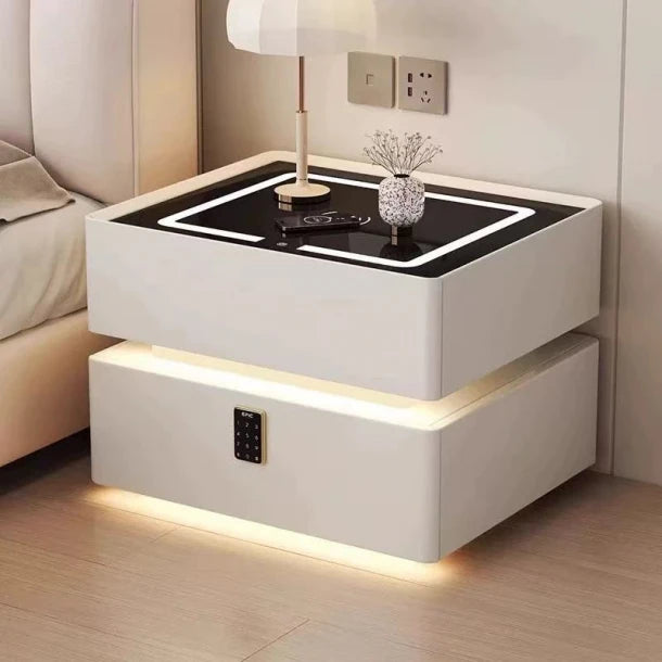 Noptieră inteligentă multifuncțională 303 ,MDF și piele ecologică albă cu sertar tip seif, încărcare wireless și LED touch – 46×41×51 cm