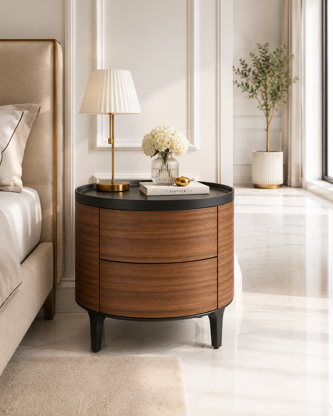 Noptieră Model 2055 MDF finisaj nuc, formă cilindrică, 2 sertare Push-to-Open cu blat negru