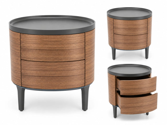 Noptieră Model 2055 MDF finisaj nuc, formă cilindrică, 2 sertare Push-to-Open cu blat negru