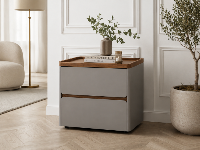 Noptieră Model 77 din MDF Gri Mat cu Blat Nuc și 2 Sertare Soft Close