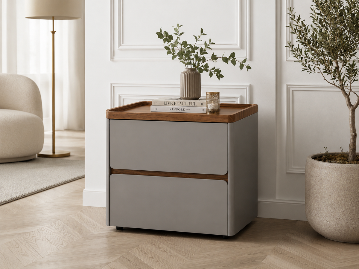 Noptieră Model 77 din MDF Gri Mat cu Blat Nuc și 2 Sertare Soft Close