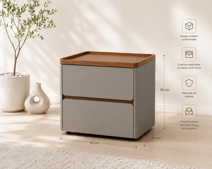 Noptieră Model 77 din MDF Gri Mat cu Blat Nuc și 2 Sertare Soft Close