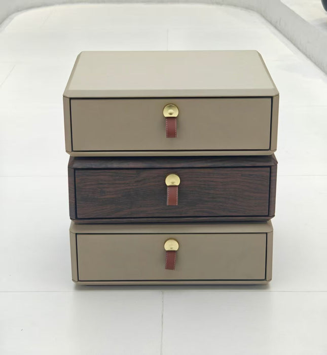 Noptieră Rotativă 2608, Lemn Masiv & Piele Ecologică Bej/Maro, Modulară 3 Sertare 360°, 50 cm