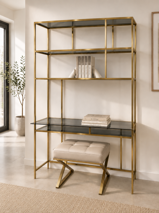 Raft metalic 200, auriu cu polițe sticlă fumurie, design modern 118x35x206 cm