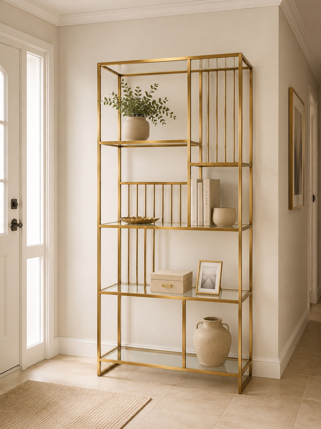 Raft metalic decorativ 001, metal auriu cu polițe din sticlă, design dreptunghiular modern, 200 cm înălțime
