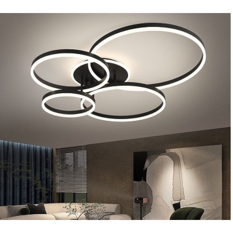 Plafonieră LED neagră dimabilă Wi-Fi cu telecomandă, 60+50+40+30 cm