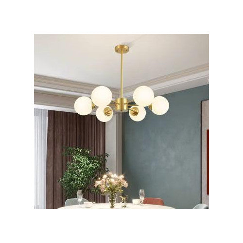 Lustră de tavan cu 6 globuri E27, metal și acril, aurie, Ø49 × 60 cm