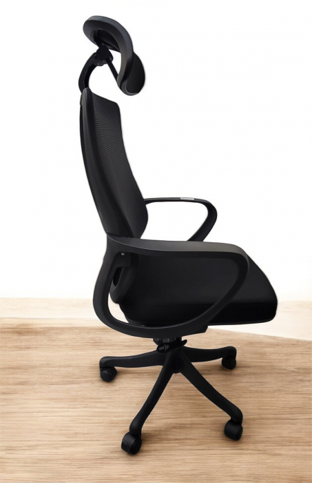 Scaun ergonomic 285A, textil negru, spătar plasă, tetieră reglabilă, H23-63 cm