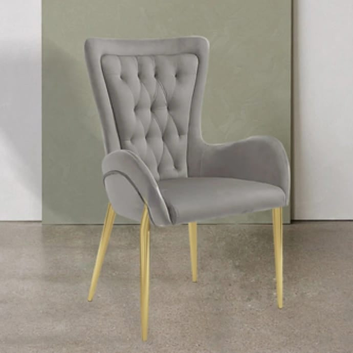 Scaun sufragerie model 735 Gri, catifea și picioare aurii din oțel inoxidabil, 56x45x46 cm