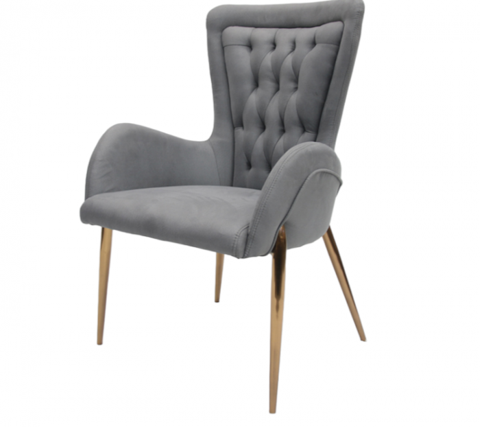 Scaun sufragerie model 735 Gri, catifea și picioare aurii din oțel inoxidabil, 56x45x46 cm
