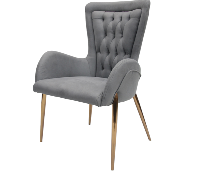 Scaun sufragerie model 735 Gri, catifea și picioare aurii din oțel inoxidabil, 56x45x46 cm