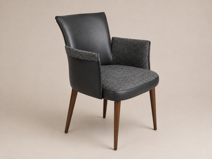 Scaun Dining 597 din Piele Ecologică și Material Textil, Picioare din Lemn, Bej/Negru