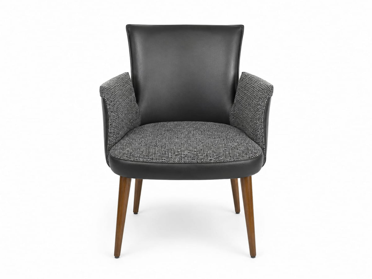 Scaun Dining 597 din Piele Ecologică și Material Textil, Picioare din Lemn, Bej/Negru