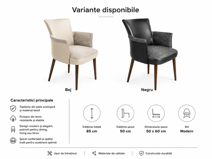 Scaun Dining 597 din Piele Ecologică și Material Textil, Picioare din Lemn, Bej/Negru