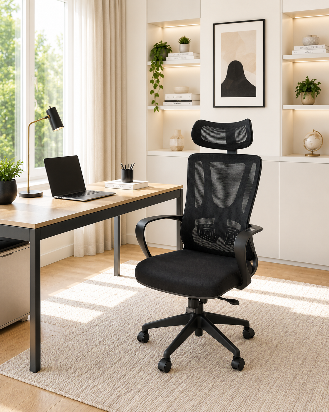 Scaun ergonomic 285A, textil negru, spătar plasă, tetieră reglabilă, H23-63 cm