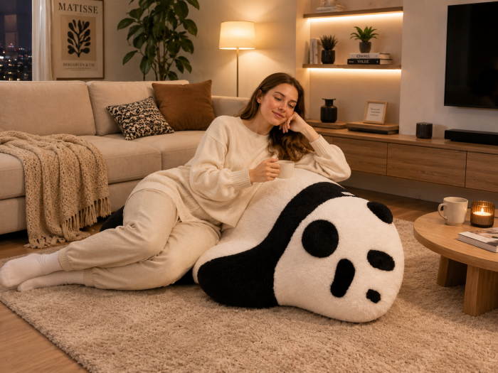 Scaun Panda 11242 alb-negru plușat, cu bază din lemn