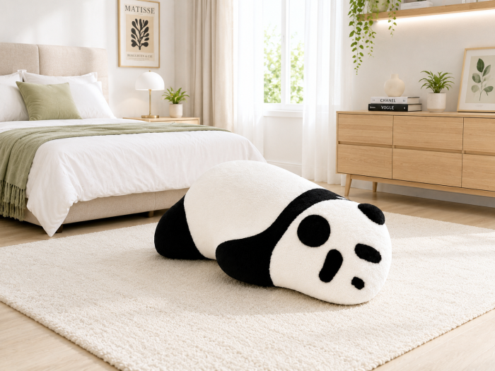 Scaun Panda 11242 alb-negru plușat, cu bază din lemn