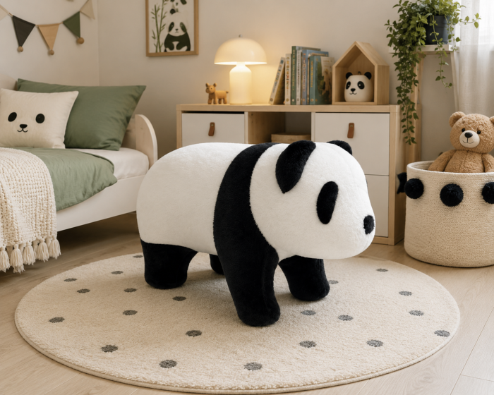 Scaun Panda 11370 din pluș alb-negru, cadru lemn