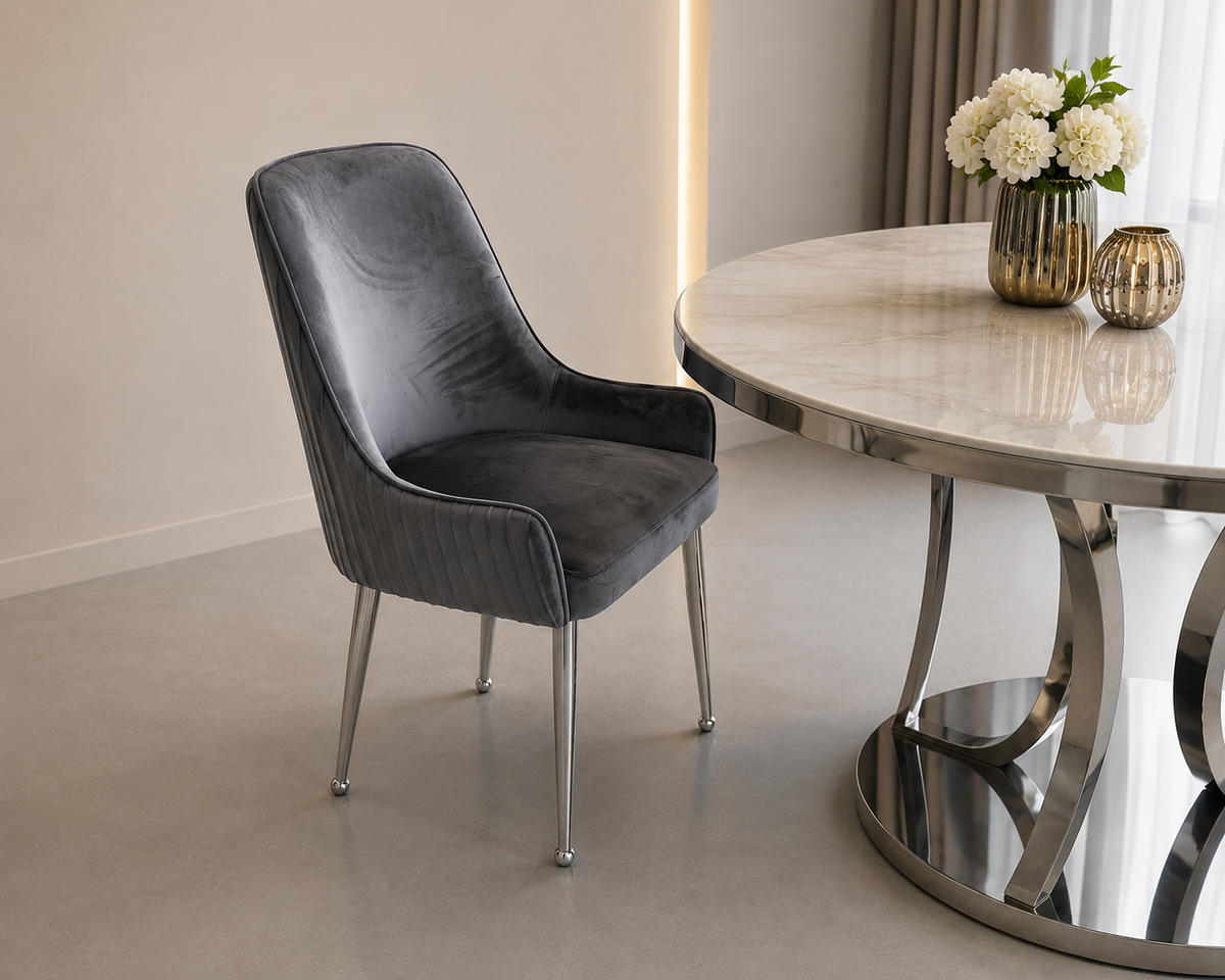 Scaun S15 catifea bej/gri cu picioare metalice aurii sau cromate, design ergonomic modern, 92 cm