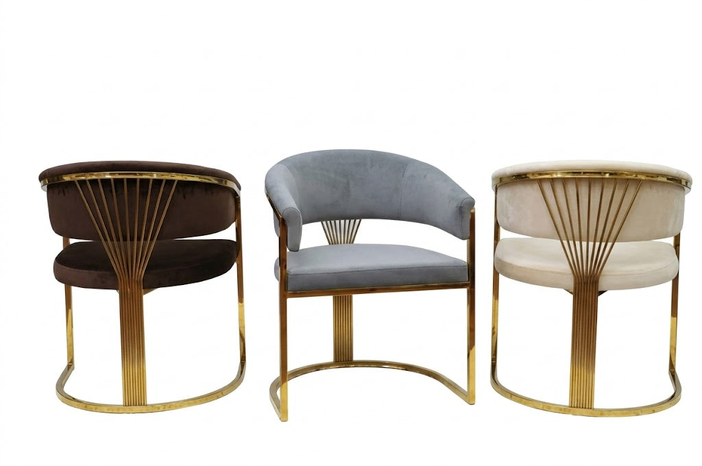 Scaun S19 catifea cu cadru metalic auriu, spătar evantai, 78 cm – bej / gri / maro