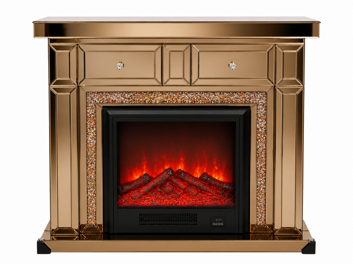 Semineu electric HL04 120x40x106 cm sticla oglinda maro elegant sau crom cu telecomanda si sunet
