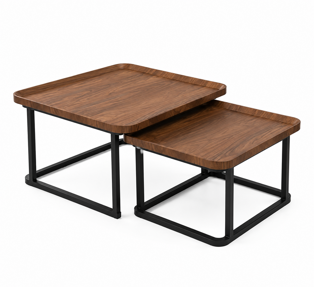 Set 2 Măsuțe Cafea YM118, Aspect Lemn Maro și Metal Negru, Formă Pătrată, 60x60 cm / 50x50 cm