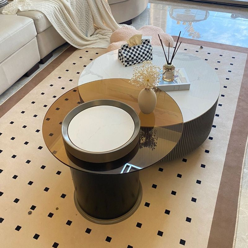 Set Măsuțe Cafea B07 din MDF și Marmură Compozit – 2 piese, cu Sertar și Tavă Integrată