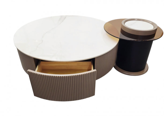 Set Măsuțe Cafea B07 din MDF și Marmură Compozit – 2 piese, cu Sertar și Tavă Integrată