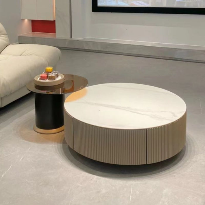 Set Măsuțe Cafea B07 din MDF și Marmură Compozit – 2 piese, cu Sertar și Tavă Integrată