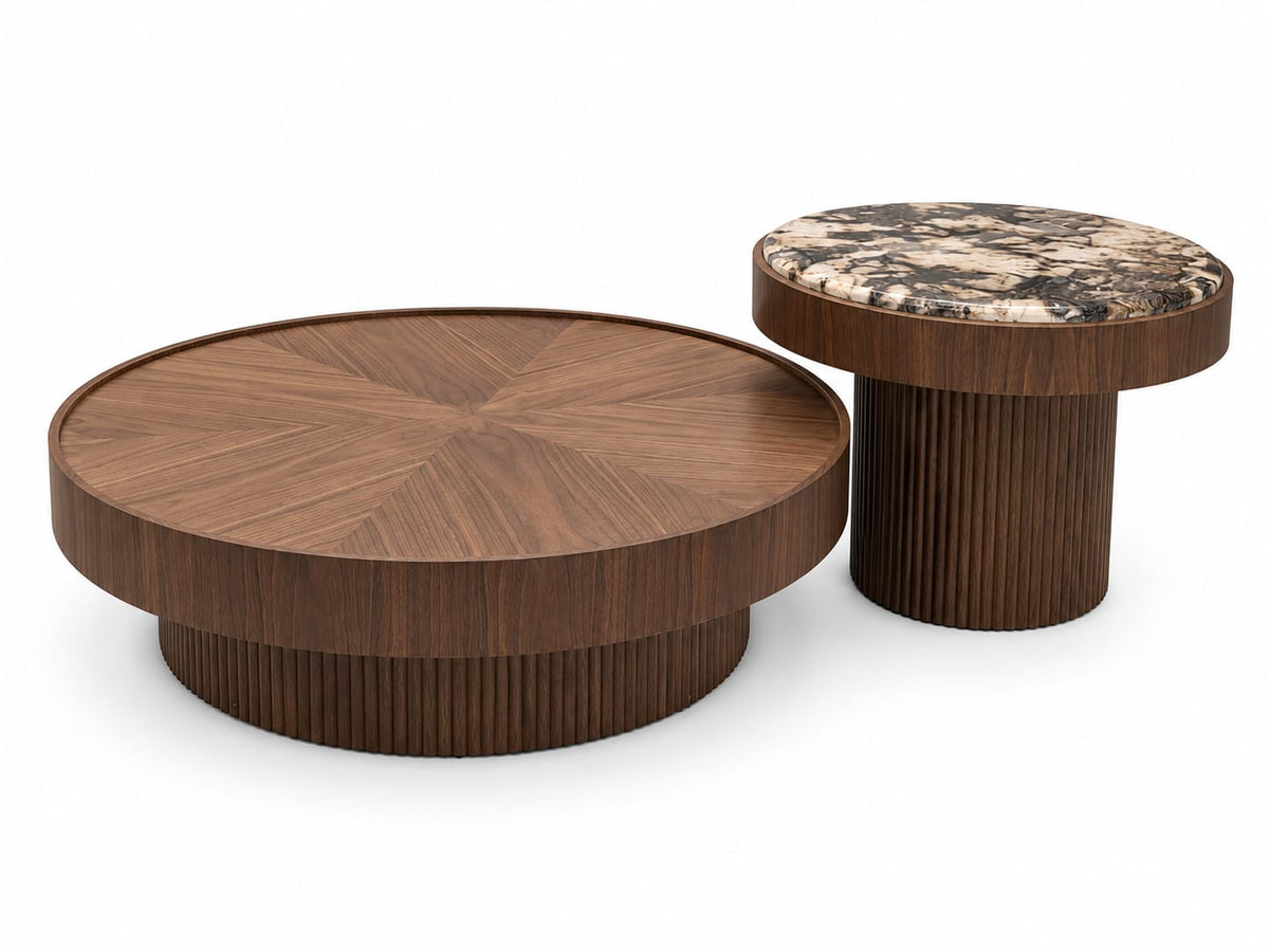 Set măsuțe de cafea rotunde 9233, lemn și piatră sinterizată maro, 2 piese