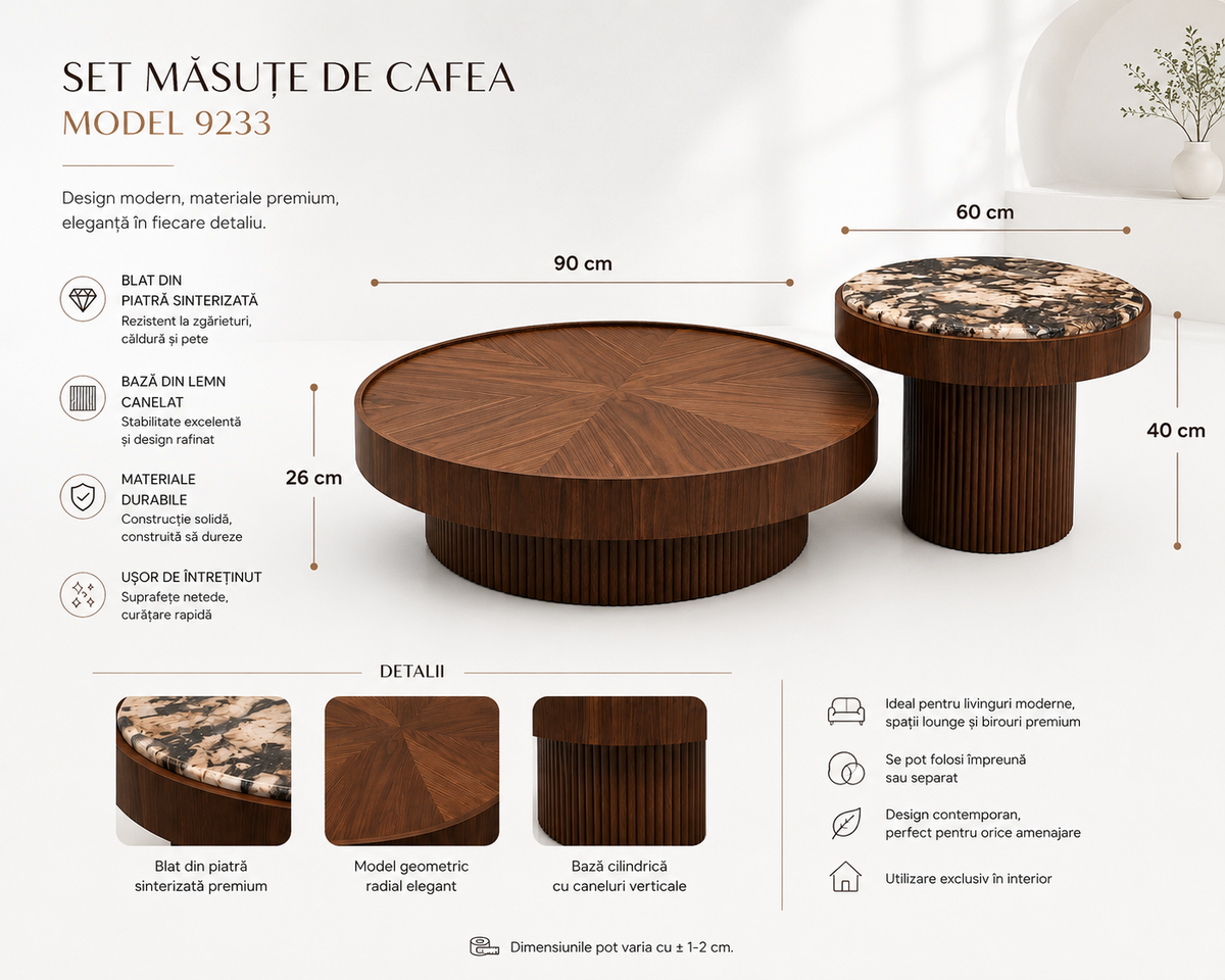 Set măsuțe de cafea rotunde 9233, lemn și piatră sinterizată maro, 2 piese