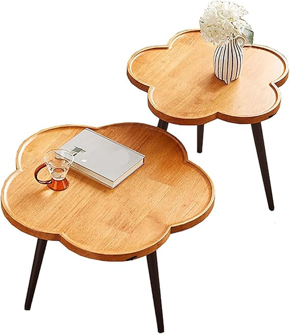 Set 2 Măsuțe Cafea YM116, Aspect Lemn Maro și Metal Negru, Formă Floare, 60 cm și 40 cm