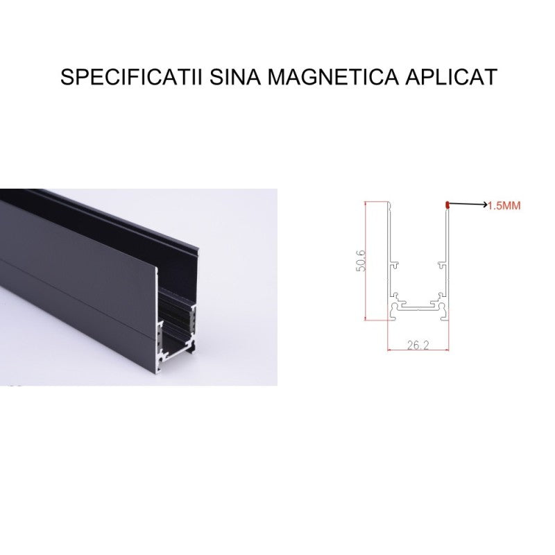 Șină magnetică aparentă 3 m, 48 V, din aluminiu, neagră pentru LED