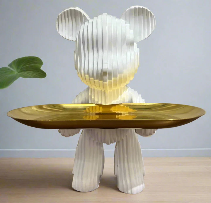 Statuetă decorativă modernă ursuleț XL 010 din rășină, alb, gri sau negru, cu tavă metalică aurie, design contemporan, 21 cm înălțime