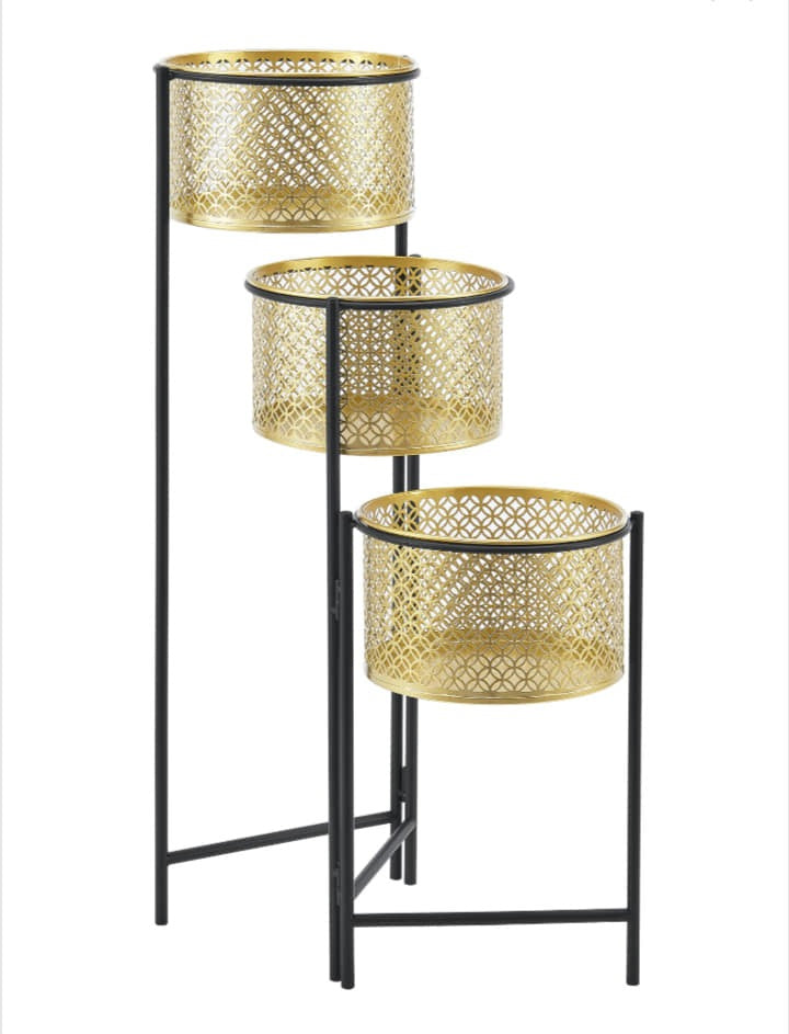 Suport plante cu 3 ghivece 70475 – metal auriu și negru, elegant și practic