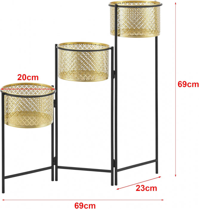 Suport plante cu 3 ghivece 70475 – metal auriu și negru, elegant și practic