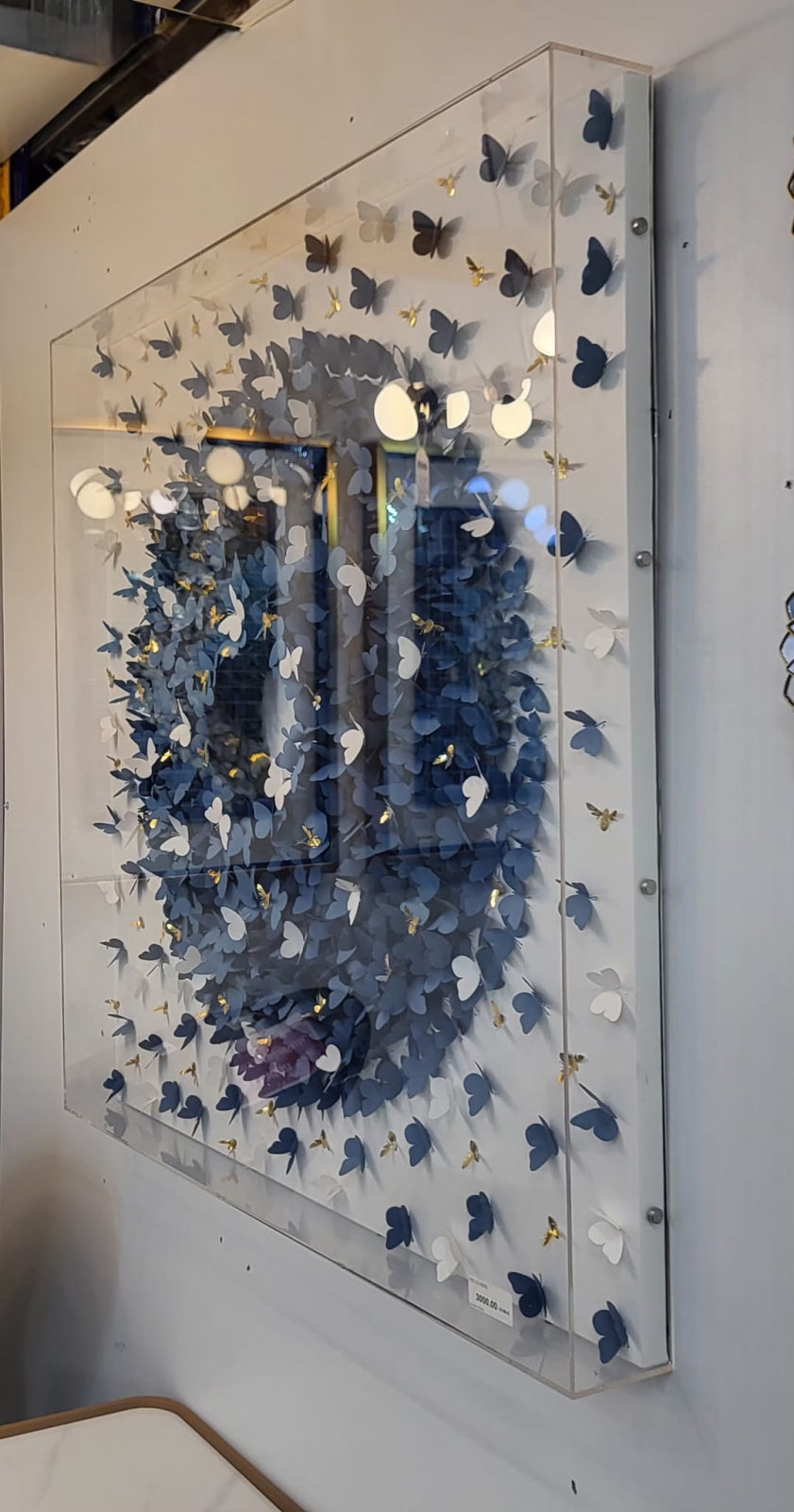 Tablou 3D Fluturi 63348, Hârtie și Acril Transparent, Albastru Alb cu Accente Aurii, 100x100 cm