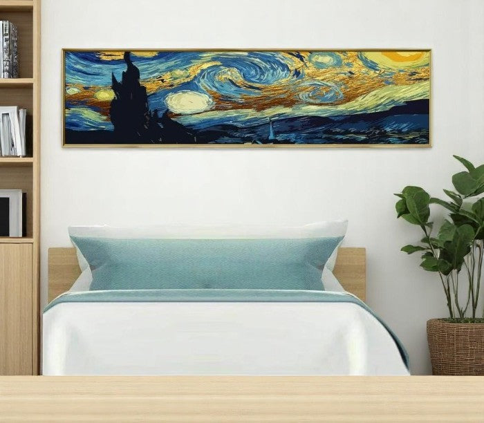 Tablou decorativ abstract 40x150 cm – Albastru, Bleu și Auriu, ramă aurie