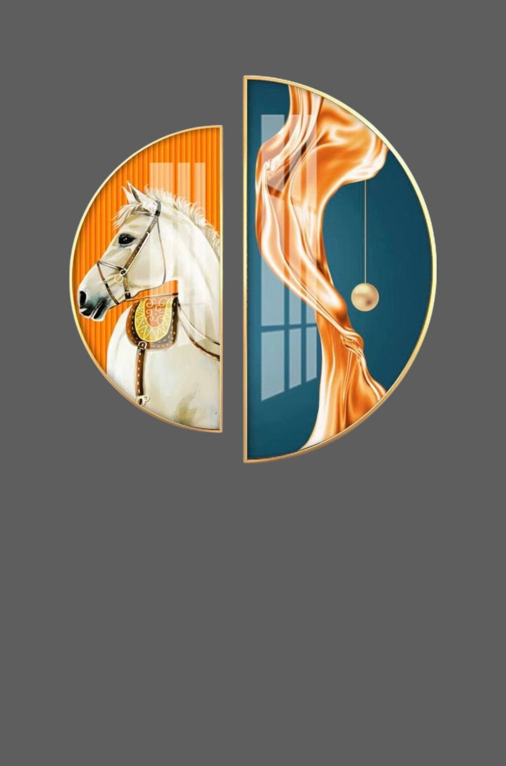Set tablouri BY012 Yin & Yang – Cal alb și val roșiatic, rame aurii